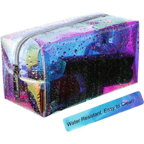 2 Pcs Clear Iridescent Holographic Makeup Bag Glitter Travel Cosmetic Pouches - Picture 5 of 8